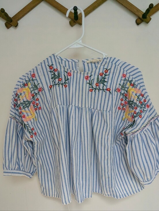 Rebellion Tops - Blue and White Striped Embroidered Peasant Top